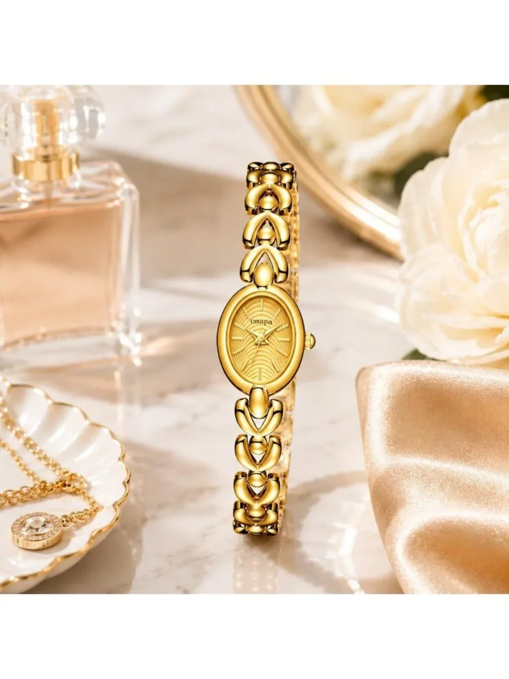 Women's Gold Dainty Oval Adjustable Bracelet Vintage Stylish Dress Wrist Watch